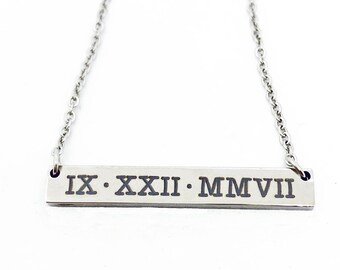 Engraved Bar Necklace, Roman Numerals, Date, Name Necklace