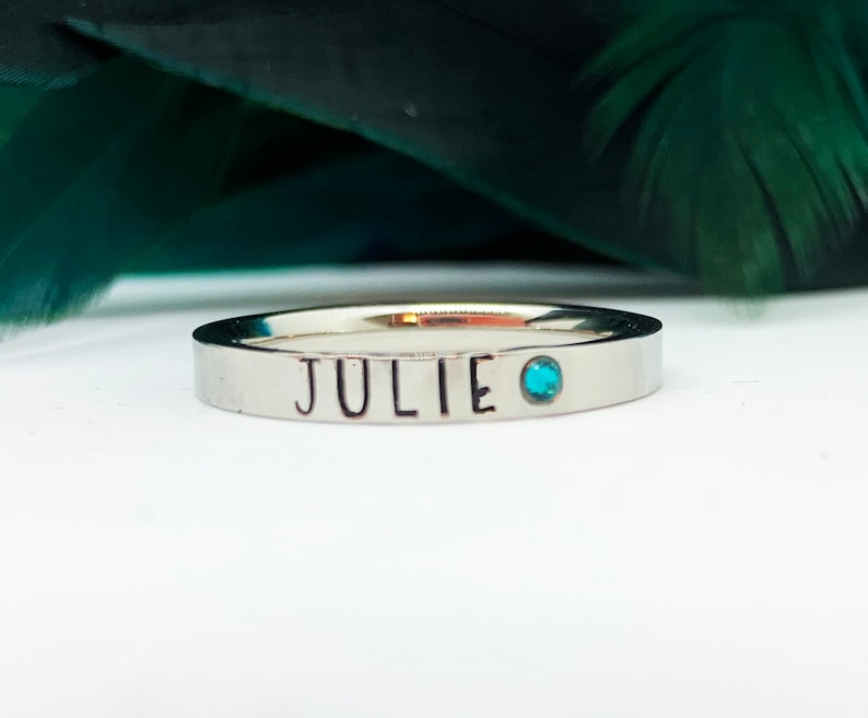 Birthstone Stacking Name Ring, Personalized Stackable Ring for Mom, Custom Hand Stamped Silver Stainless Steel Stacking Ring image 7