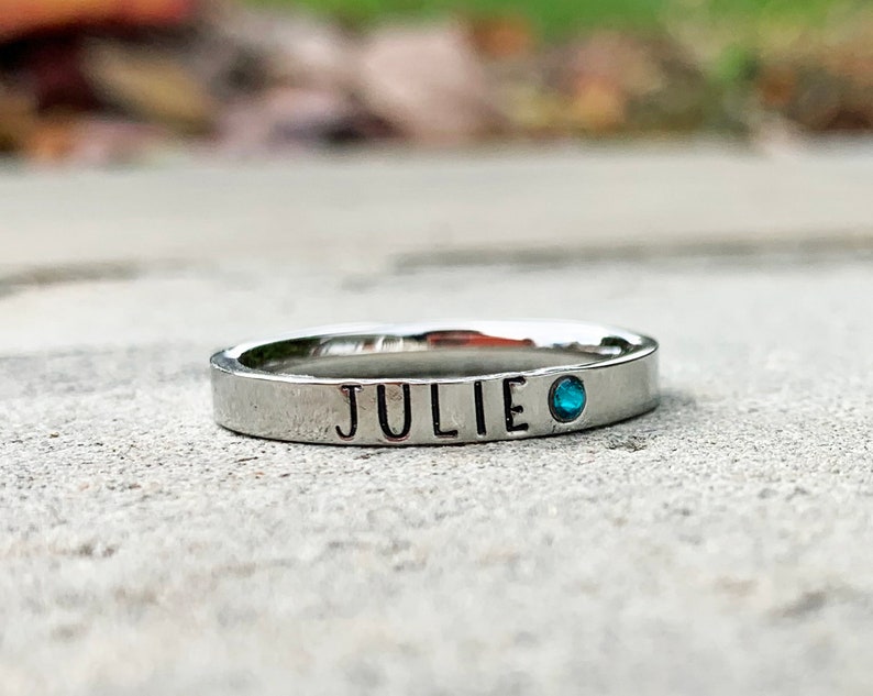 Birthstone Stacking Name Ring, Personalized Stackable Ring for Mom, Custom Hand Stamped Silver Stainless Steel Stacking Ring image 1