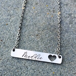 Name Bar Necklace with Heart Cutout, Personalized Stainless Steel Rectangle Tag Pendant with Couple Initials, Kids Names, Date image 4