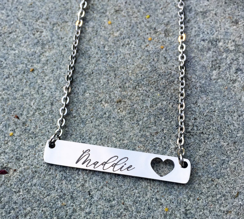 Name Bar Necklace with Heart Cutout, Personalized Stainless Steel Rectangle Tag Pendant with Couple Initials, Kids Names, Date image 4