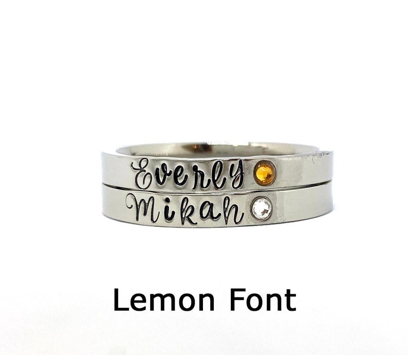 Birthstone Stacking Name Ring, Personalized Stackable Ring for Mom, Custom Hand Stamped Silver Stainless Steel Stacking Ring image 9