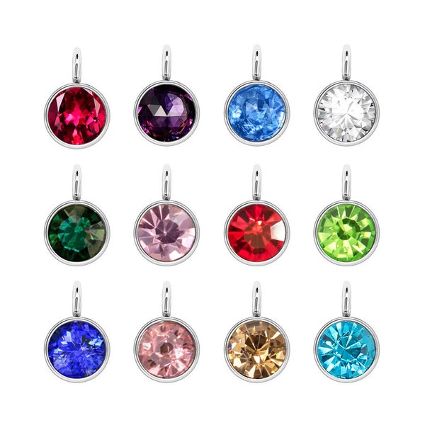 Birthstone Dangle Charm Add-on, 6mm Channel Drop Charm, Stainless Steel Setting, Rhinestone Crystal Birthstone Pendant, Fits 2mm Cord