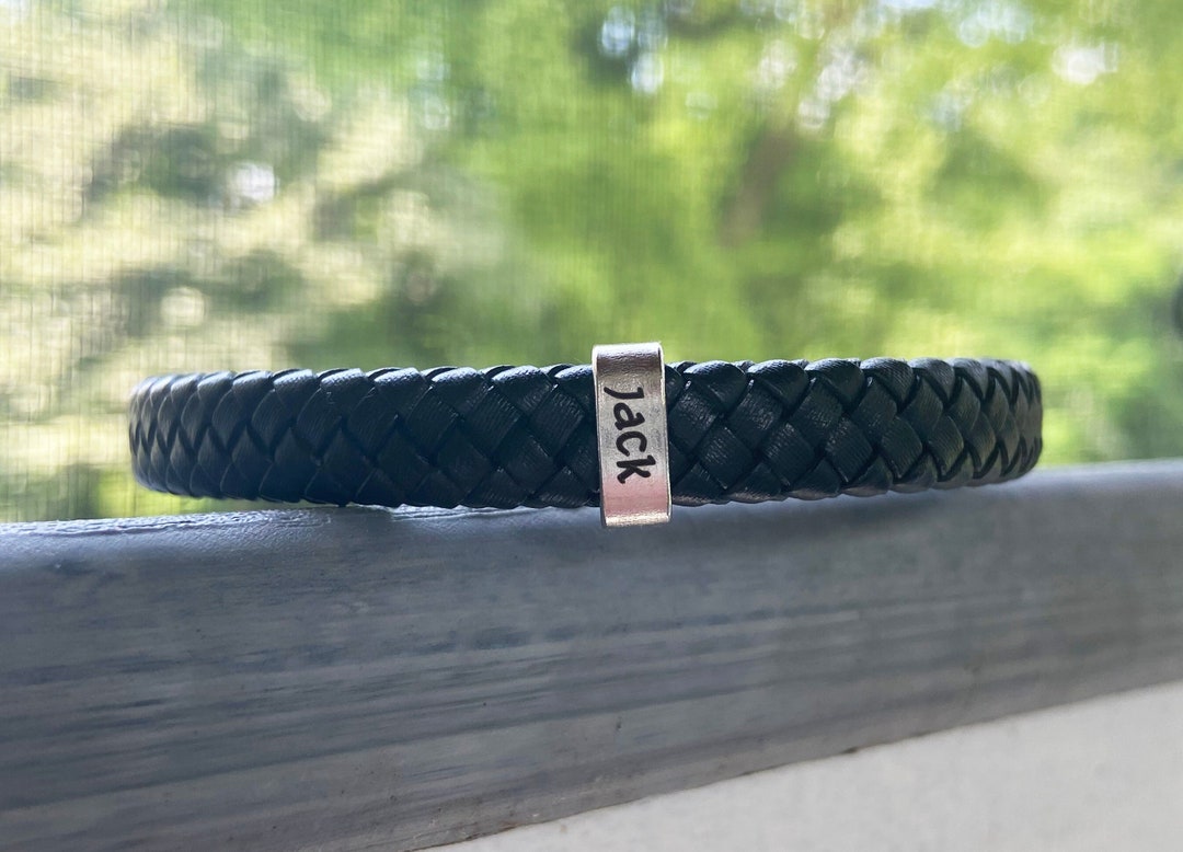 Mens Braided Leather Bracelet With Custom Stainless Steel Slider Beads