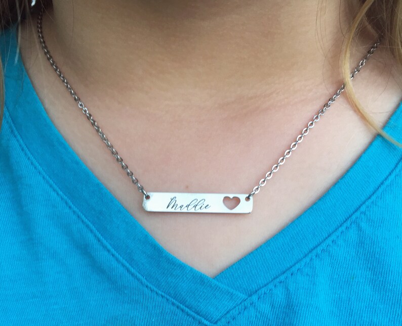 Name Bar Necklace with Heart Cutout, Personalized Stainless Steel Rectangle Tag Pendant with Couple Initials, Kids Names, Date image 6