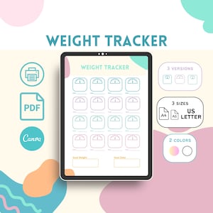 May include: Printable weight tracker with a scale design. The tracker has 28 spaces to record weight, a goal weight section, and a goal date section. The tracker is available in 3 versions, 3 sizes, and 2 colors.