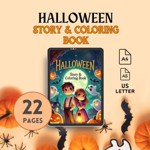 Halloween - Libro de cuentos y para colorear / A4, tamaño carta, A5 / Descarga digital imprimible / Actividades para niños / Historias para leer y páginas para colorear