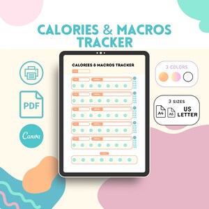 May include: Printable digital download of a calorie and macro tracker. The tracker has a light peach and teal colour scheme and is designed to be used for tracking meals and calories. The tracker is available in three sizes: A4, A5, and US Letter.