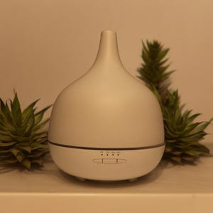 Puede incluir: Un difusor de aceites esenciales de cerámica blanca con un diseño elegante y moderno. Tiene una base redonda y un cuello alto y estrecho. El difusor tiene un panel de control con botones para temporizador, niebla y funciones de encendido/apagado.