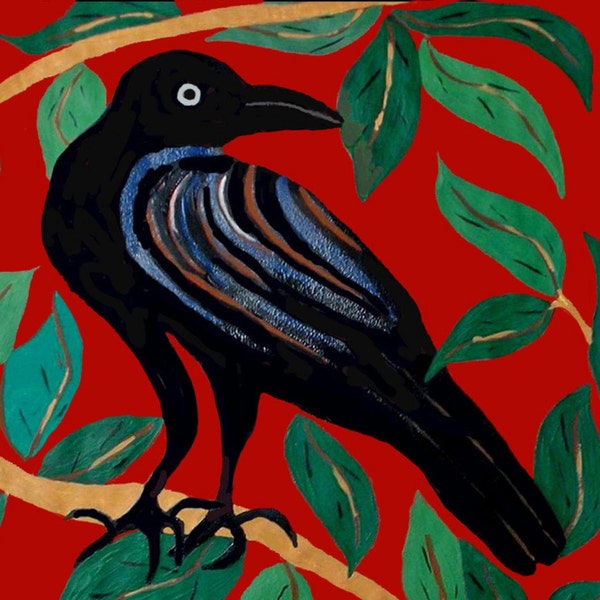 CROWS, Red Background, Green Leaves, Having Fun, 11"x14" and 8"x10", Folk art giclee of my Original Acrylic Painting, Ariela Boronat Artist