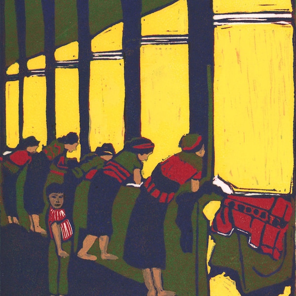 Guatemalan Ladies Doing Laundry, Folk Art Giclee from my Reduction Linocut, 11"x14" and 8"x10" matted, Ariela Boronat Artist