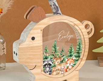 Personalised Wooden Piggy Bank, Acrylic Coin Bank, Money Box for Boy and Girl, Name Pig Money Box, Toddler Birthday Gift, Xmas Gift for Kids