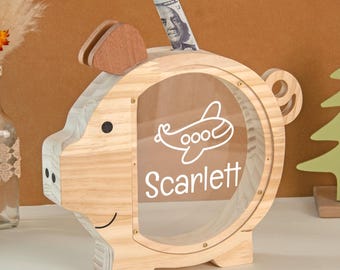Custom Wooden Money Box with Name, Pig Piggy Bank for Boys or Girls, Birthday Gifts for Kid, Cash Box Gifts for Toddler, Children Xmas Gifts