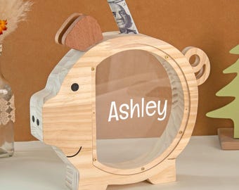 Personalised Piggy Bank with Name,Wooden Pig Money Box,Acrylic Money Bank,Birthday Gifts for Kids,Xmas Gifts,Baby Shower Gift,Baptism Gifts