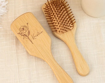 Personalized Birth Flower Wooden Comb,Engraved Name Airbag Brush,Wedding Bridesmaid Gift,Birthday Gift for Her,Bamboo Paddle Hairbrush,Xmas