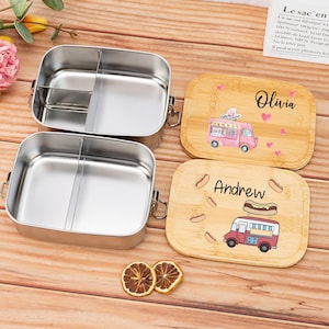 Lonchera de acero inoxidable personalizada para niños, lonchera con nombre personalizado y tapa de madera, ideal para refrigerios, frutas, cumpleaños y regalos de vuelta al cole.