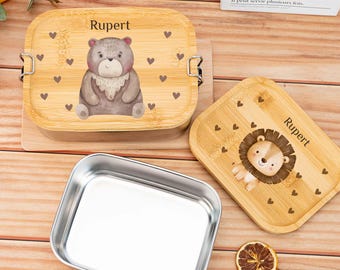 Personalised Lunch Box with Name,Custom Stainless Steel Lunch Box for Kids,Wooden Lid Snack Box,Kindergarten,Birthday,Back to School Gift