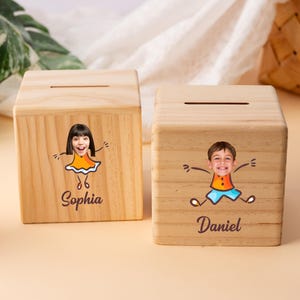 Personalised Piggy Bank with Name, Baby Face Piggy Bank, Wooden Print Baby Face on Coin Bank, Funny Piggy Bank for Kids, Back to School Gift