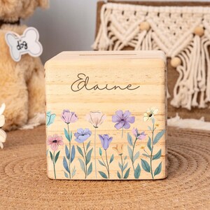 Alcancía floral personalizada para niños, alcancía de madera con nombre personalizado para bebé, alcancía de madera para niños, regalos de cumpleaños, regalos de Navidad, regalo de bautismo