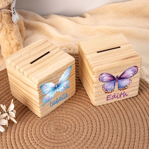 Hucha de mariposa personalizada con nombre, alcancía de madera, alcancía personalizada, regalo de cumpleaños para niños, regalo de Navidad para niñas, regalo de bautismo