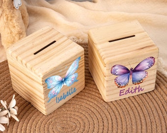 Persoanlised Butterfly Money Box with Name,Wooden Piggy Bank,Custom Coin Bank,Birthday Gift for Kids,Baby Girl Christmas Gift,Baptism Gift