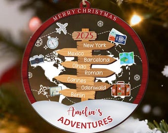 Gepersonaliseerd ornament voor reisavontuur, ornament aangepaste reisbestemming, reiscadeau, kerstcadeau, reisbestemming voor stel