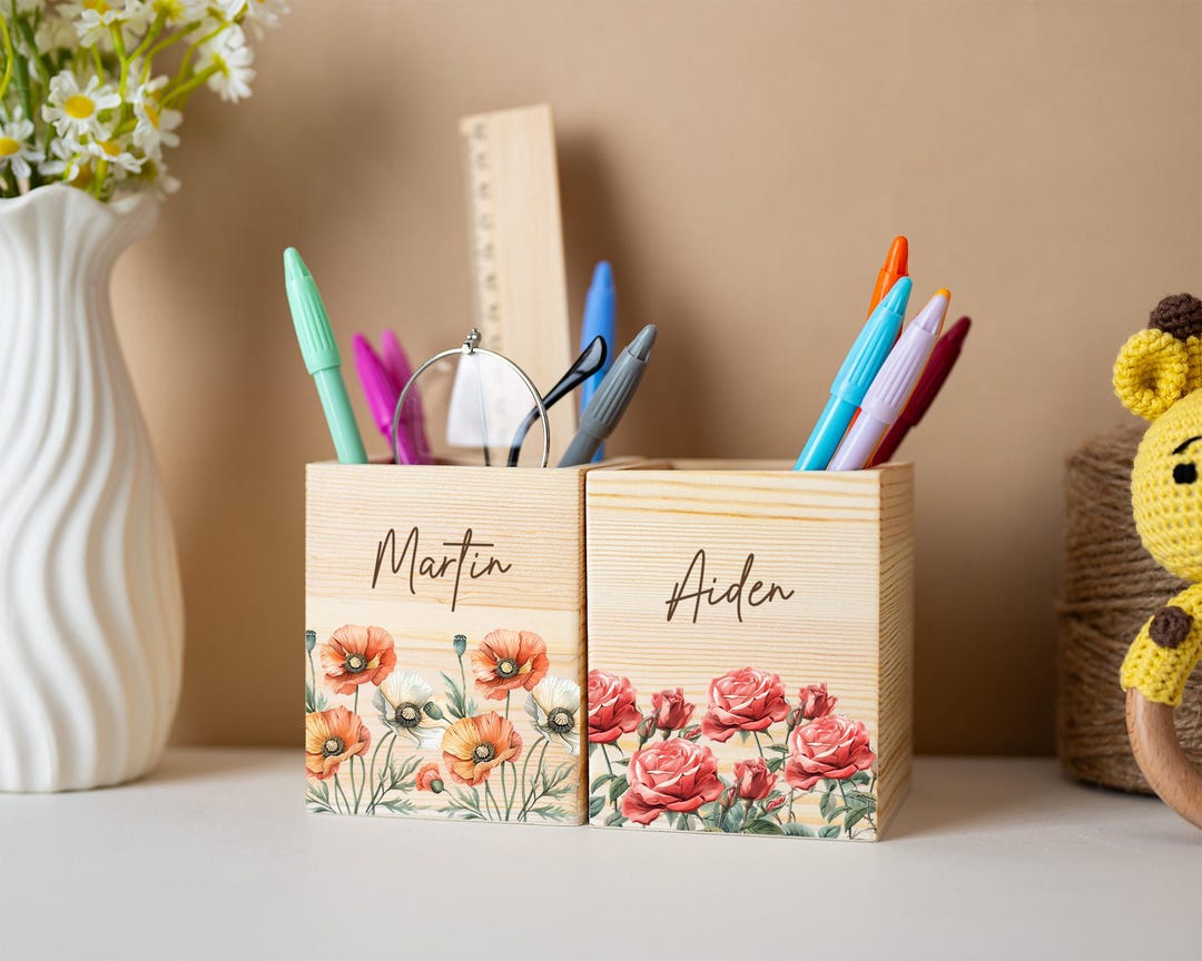 Personalized Wooden Pencil Holder With Name, Birth Flower Pencil Cup ...