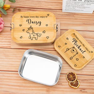 Lonchera personalizada con animales, lonchera de acero inoxidable con nombre personalizado, lonchera para niños, lonchera multirejilla, regalo de regreso a clases para ella y él.