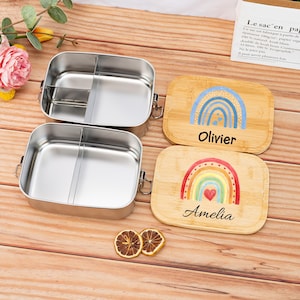 Lonchera de madera con nombre personalizado, lonchera de acero inoxidable personalizada con arcoíris, loncheras, regalo de cumpleaños para niños, regalo de vuelta al cole.
