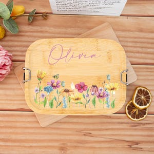 Lonchera personalizada con flores y tapa de madera, lonchera de acero inoxidable con nombre personalizado, regalo de cumpleaños para ella, regalo de vuelta al cole, regalo para sobrina.