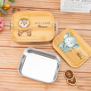 Boîte à lunch personnalisée en forme d'animal avec couvercle en bois, boîte à lunch en acier inoxydable avec nom personnalisé, cadeau de rentrée scolaire, cadeaux de maternelle pour elle et lui