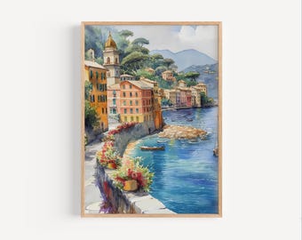 Pintura em aquarela de Portofino, pôster ou impressão em tela de Portofino, presente de arte de parede de Portofino, impressão de viagem de Portofino na Itália, arte da Riviera Italiana