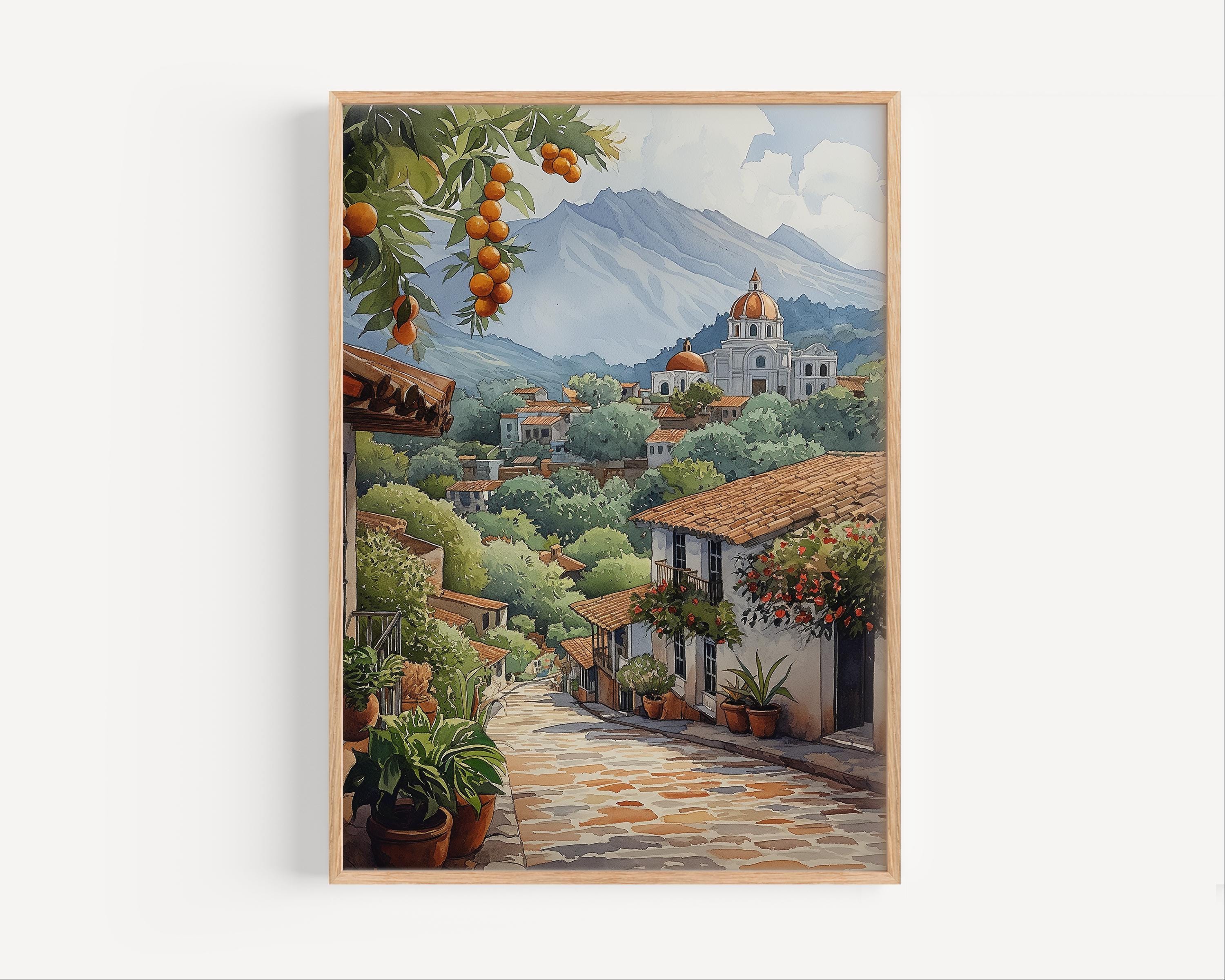 グアテマラ 中央アメリカ 水彩画 緑豊かなオレンジの山々 レトロ