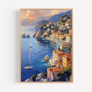Pintura al óleo de Villefranche-sur-Mer, póster de viaje a la costa de Europa, región de Francia Azul, impresión o lienzo, arte de pared del océano francés, arte costero