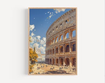 ローマのコロッセオのオリジナル水彩画、イタリアの都市風景、古代建築