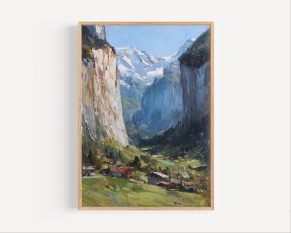 ラウターブルンネン スイス 印象派 油絵、スイスアルプス ウォール