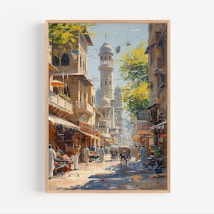 Pode incluir: Uma pintura de uma rua estreita numa cidade com um alto minaret ao fundo. A rua é ladeada por edifícios e lojas, e há pessoas a caminhar e a andar em carruagens puxadas por cavalos.