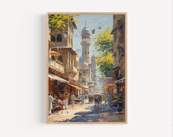 Könnte beinhalten: Ein Gemälde, das eine enge Straße in einer Stadt zeigt, mit einem hohen Minarett im Hintergrund. Die Straße ist gesäumt von Gebäuden und Geschäften, und man sieht Menschen zu Fuß und in Pferdekutschen fahren.