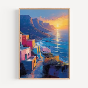 Cape Town South Africa Sunset Oil Painting, Seaside Travel Wall Art Poster Print or Canvas South-African Table Mountains Travel Decor Gift