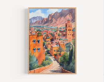 Marrakesh Morocco Watercolor Painting, Moroccan Architecture Travel Wall Art Poster Print or Canvas Toile Maroc Travel Decor Gift Africa Art