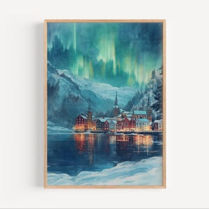 Pintura en acuarela de la aurora boreal en Bergen, Noruega, fiordo invernal, póster o lienzo de la aurora boreal, arte mural escandinavo, regalo, helado y nevado.