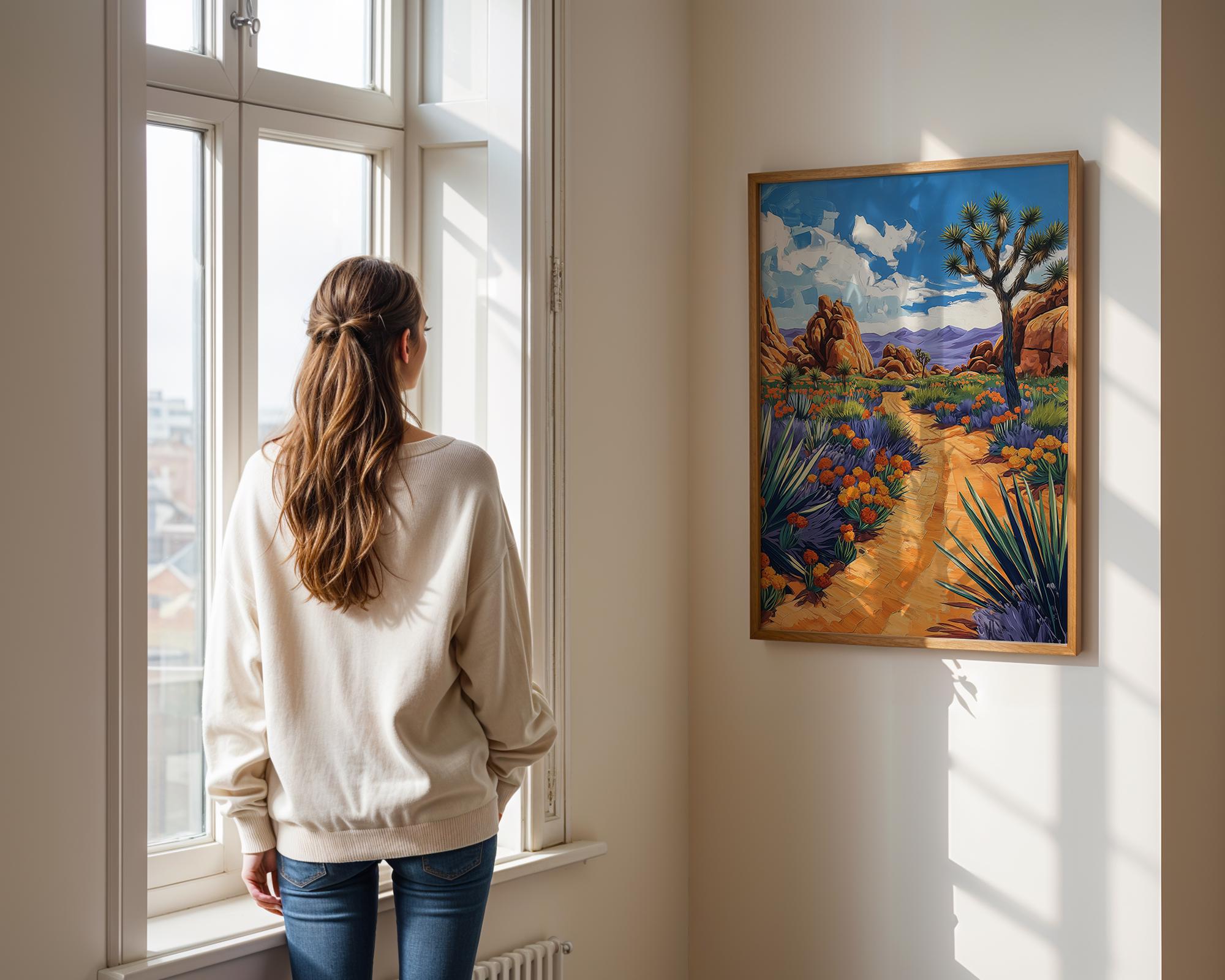 ジョシュアツリーの油絵、カリフォルニア国立公園の砂漠旅行ポスター