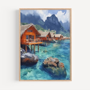 Cabañas sobre pilotes junto al mar en Tahití, acuarela, póster de viaje de la Polinesia Francesa, impresión o lienzo para pared, recuerdo de una isla tropical.