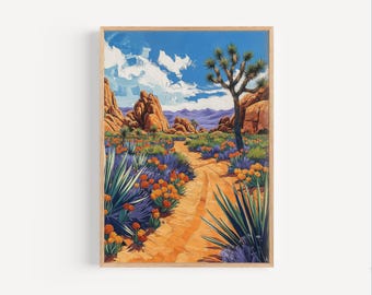 ジョシュアツリーの油絵、カリフォルニア国立公園の砂漠旅行ポスター