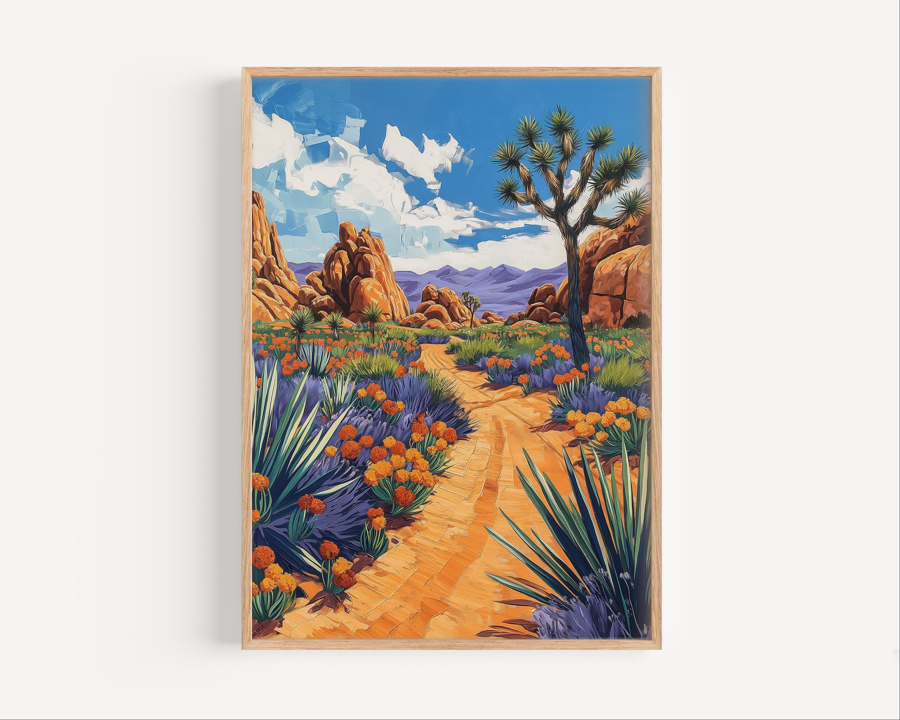 ジョシュアツリーの油絵、カリフォルニア国立公園の砂漠旅行ポスター