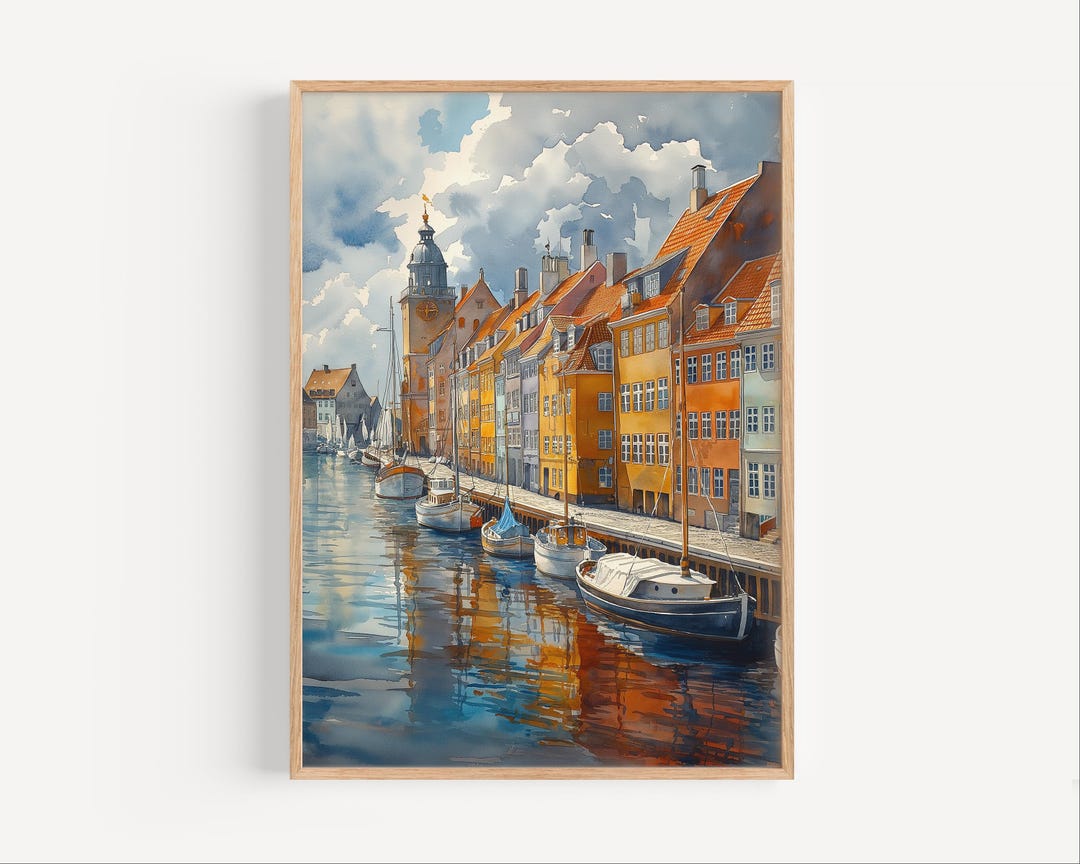 Copenhagen Denmark Nyhavn Harbour Watercolor Painting European