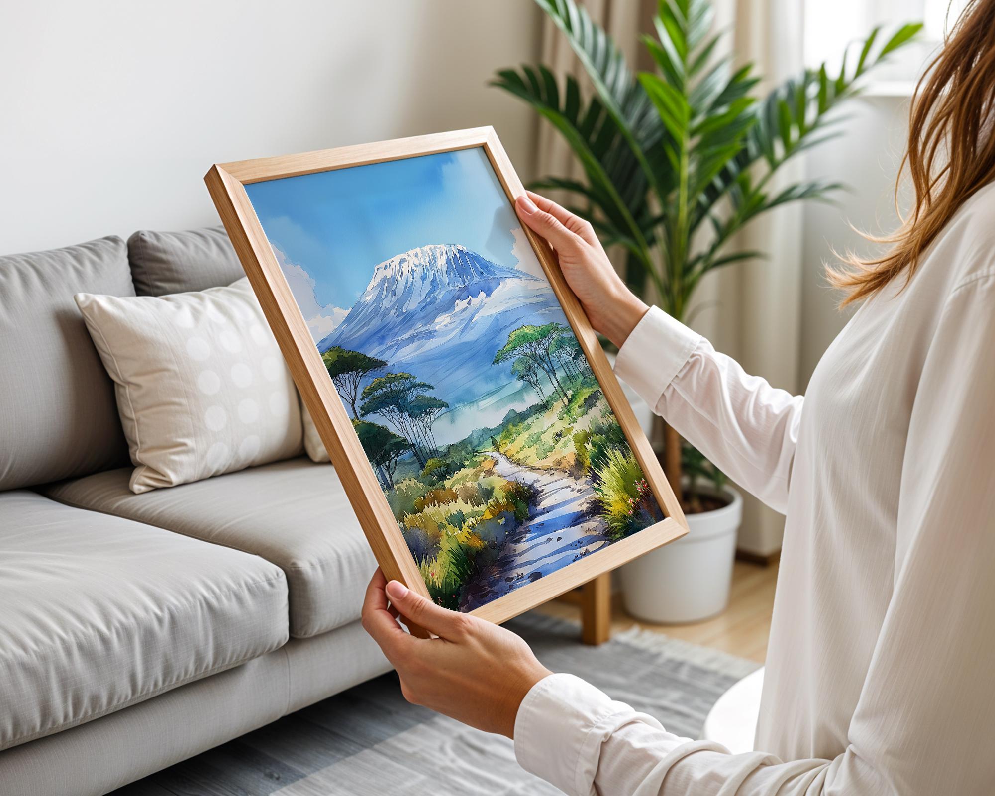 Mount Kilimanjaro Watercolor Painting, Tanzania Volcano Wall Art