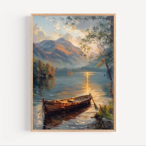 Keswick Lake Oil Painting, Keswick Lake District Canoe United Kingdoms Poster Print or Canvas England Countryside Wall Art Gift Oil Paint
