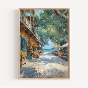 Key West Florida Seaside Farmers Market Watercolor Painting Giclée Print, Florida Keys Travel Poster or Canvas, FL Beach Wall Art Gift USA