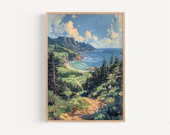Acadia National Park Maine Oil Painting, Atlantic Ocean Coastal Landscape Travel Poster Print or Canvas Seaside Cliffs Nature Wall Art Gift